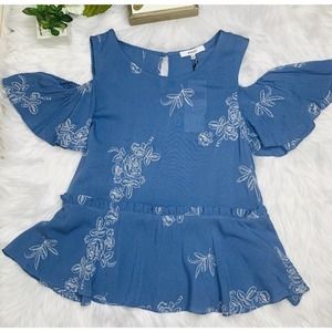 Blue Cold Shoulder Blouse with White Stitched Floral Design Size Small